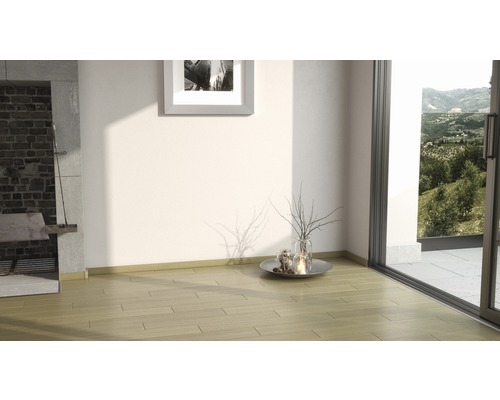 Innenraum mit hellem Holzboden, Kamin und Blick ins Grüne