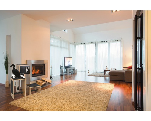 Helles Wohnzimmer mit Kamin, Teppich und Katzenmöbeln