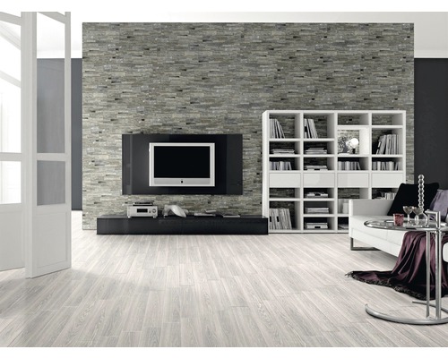 Salon avec mur en pierre à motifs, télévision, bibliothèque et parquet en bois clair