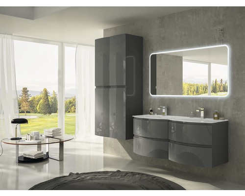 Salle de bains moderne avec meuble-lavabo, armoire de toilette et armoire haute en gris brillant