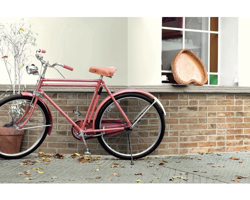 Fahrrad vor einer Ziegelmauer mit Pflanze und herzförmiger Dekoration
