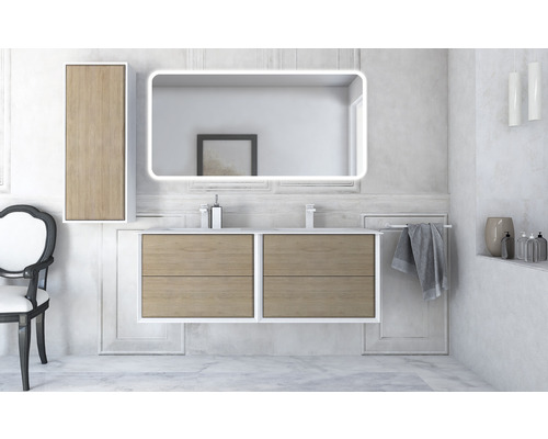 Salle de bains avec meuble sous-lavabo, armoire de toilette, miroir lumineux et chaise