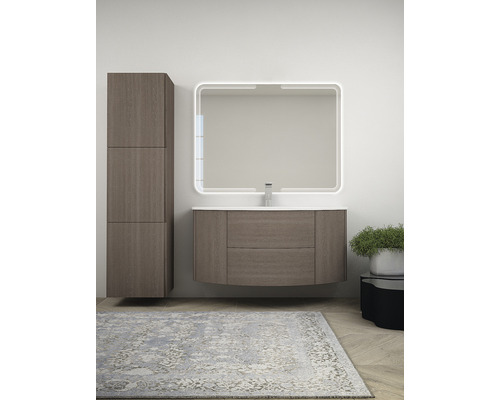 Modernes Badezimmerensemble mit Waschtischunterschrank, Spiegelschrank und Hochschrank für ein stilvolles Ambiente