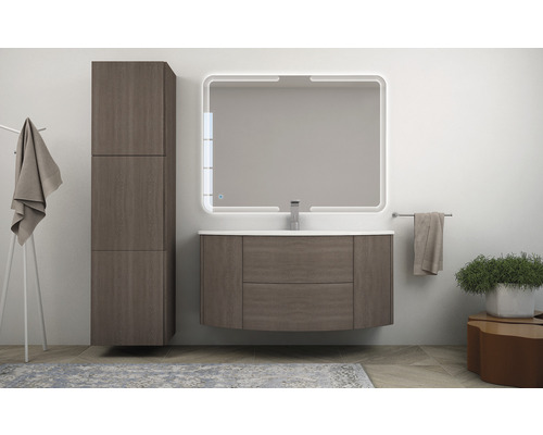 Badezimmer mit Waschbeckenunterschrank, Spiegelschrank und Hochschrank