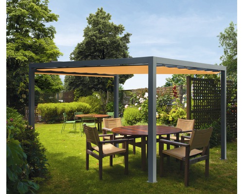 Pavillon gris 300 x 300 cm Dessin 0867 orange sans auvent vertical Pergola carrée avec protection solaire extensible dans un jardin.