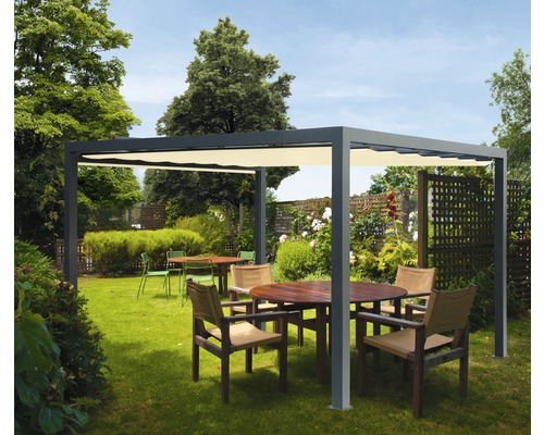 Pavillon gris 300 x 300 cm Dessin 6610 jaune sans auvent vertical Pergola avec toit en tissu et mobilier de jardin dans le jardin