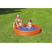 Aufblasbares Planschbecken mit spielenden Kindern und einer Frau im Garten.