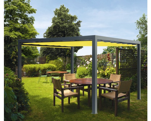 Pavillon gris 300 x 300 cm Dessin 7703 jaune sans auvent vertical Pergola carrée avec protection solaire jaune et mobilier de jardin sur une pelouse
