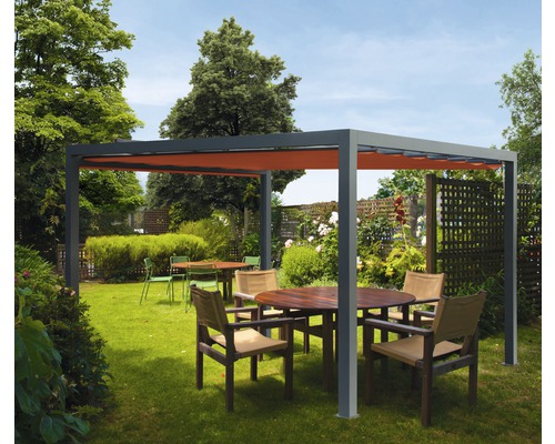 Pavillon gris 300 x 300 cm Dessin 8207 rouge sans auvent vertical Pergola avec store et coin salon dans le jardin