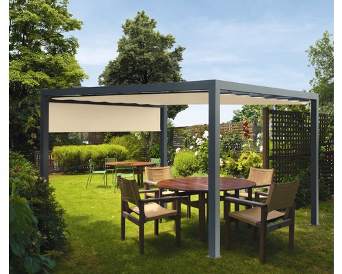 Pavillon gris 300 x 300 cm Dessin 0681 beige avec auvent vertical Jardin avec un toit de terrasse, des meubles de jardin et des plantes