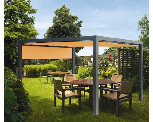 Pavillon gris 300 x 300 cm Dessin 0867 orange avec auvent vertical Scène de jardin avec pavillon, tables et chaises sur une pelouse