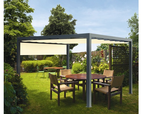 Pavillon gris 300 x 300 cm Dessin 6610 jaune avec auvent vertical Pergola avec protection solaire et mobilier de jardin sur une pelouse