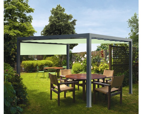 Pavillon gris 300 x 300 cm Dessin 7557 vert avec auvent vertical Jardin avec pavillon, tables et chaises d''extérieur