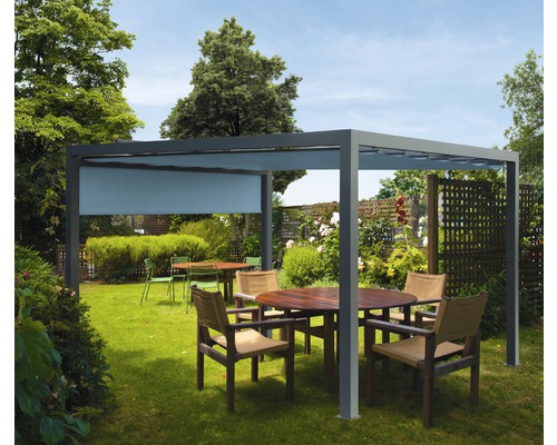 Pavillon gris 300 x 300 cm Dessin 7558 petrol avec auvent vertical Pergola avec partie latérale coulissante et coin salon dans le jardin