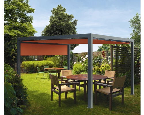 Pavillon gris 300 x 300 cm Dessin 8207 rouge avec auvent vertical Pergola carrée avec protection solaire et mobilier de jardin dans le jardin