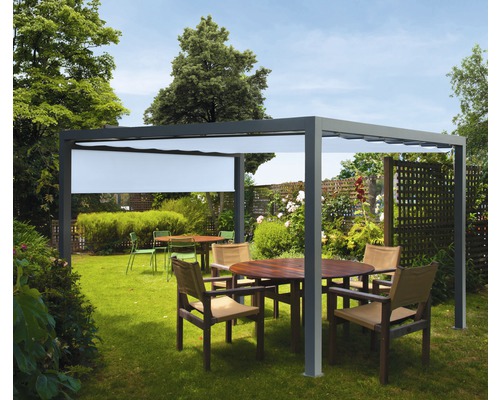 Pavillon gris 300 x 300 cm Dessin 8903 bleu avec auvent vertical Pergola avec protection solaire et mobilier de jardin dans le jardin.