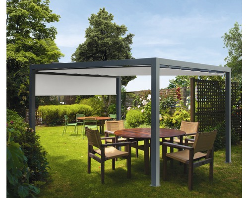 Pavillon gris 300 x 300 cm Dessin 320923 gris avec auvent vertical Jardin avec pavillon, mobilier de terrasse et protection solaire