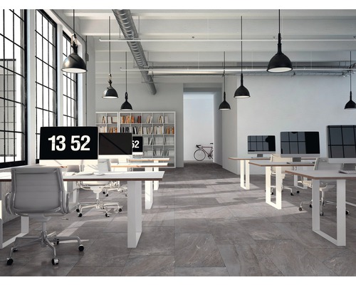 Bureau avec bureaux, ordinateurs, chaises de bureau, éclairage, bibliothèque et fenêtre