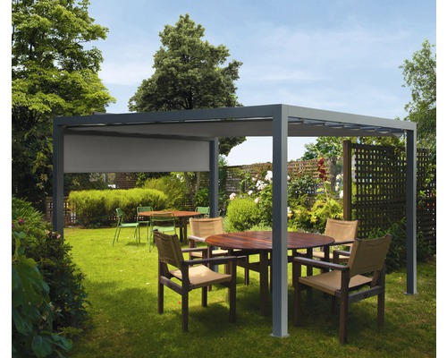 Pavillon gris 300 x 300 cm Dessin 320925 gris avec auvent vertical Pergola avec mobilier de jardin sur pelouse