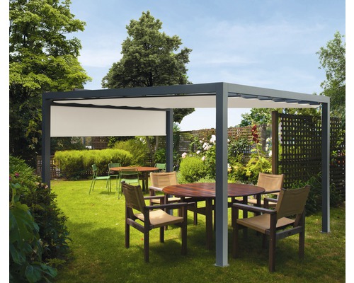 Pavillon gris 300 x 300 cm Dessin 320930 beige avec auvent vertical Pergola avec protection solaire coulissante et coin salon dans le jardin
