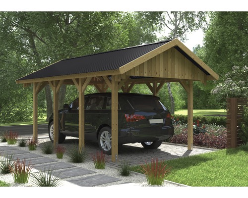 Carport aus Holz mit überdachtem Stellplatz für ein Auto