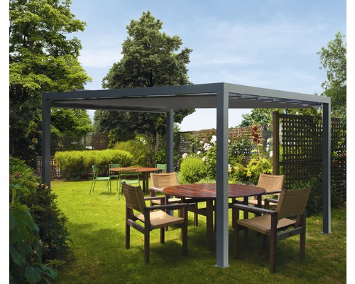 Pavillon gris 300 x 300 cm Dessin 320925 gris sans auvent vertical Terrasse avec pavillon, tables de jardin et chaises à l''extérieur