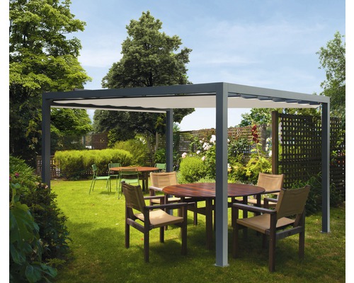Pavillon gris 300 x 400 cm Dessin 320930 beige sans auvent vertical Pergola autoportante avec protection solaire extensible sur une pelouse avec mobilier de jardin