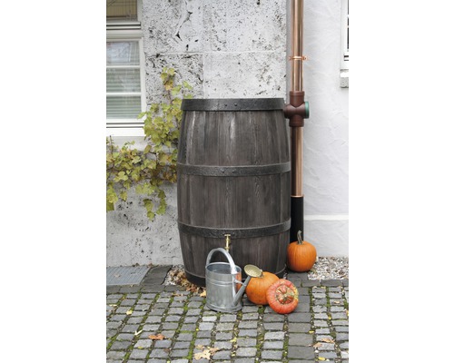 Regentonne aus Holz mit Wasserhahn, Gießkanne aus Metall und Kürbissen im Garten.