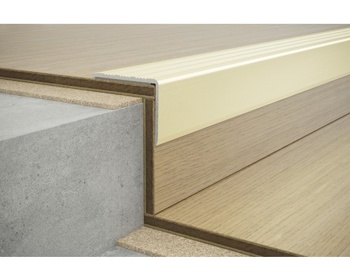 Detailansicht einer Treppe mit Stufenprofil und Laminat