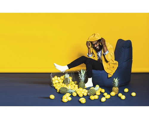 Mann sitzt in Sessel mit Zitrone und Ananas