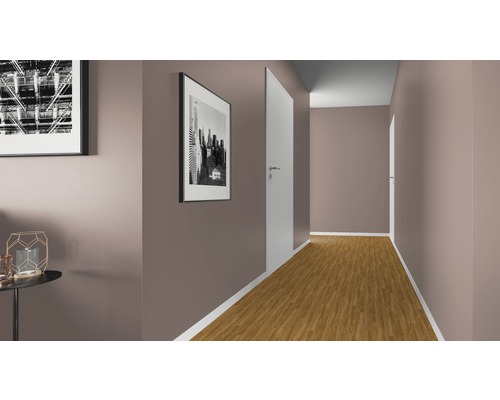 Couloir avec sol stratifié, peinture murale et deux tableaux encadrés