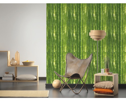 Salon avec papier peint bambou, fauteuil et étagères