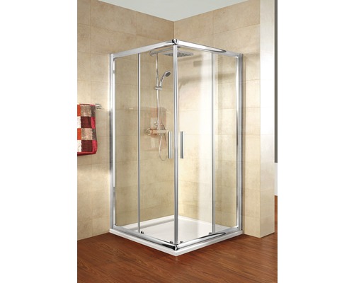 Entrée en angle Cristal/Tendance 1000x1000x1850 mm en verre véritable transparent chromé