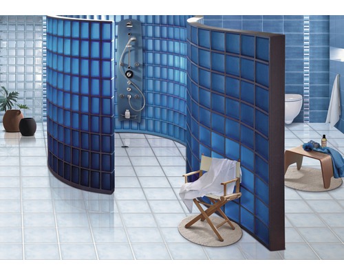 Modernes Badezimmer mit blauen Glasbausteinen und Dusche