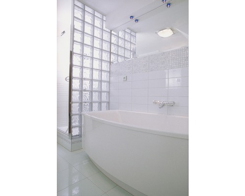 Helles Badezimmer mit Badewanne und Glasbausteinen als Duschwand