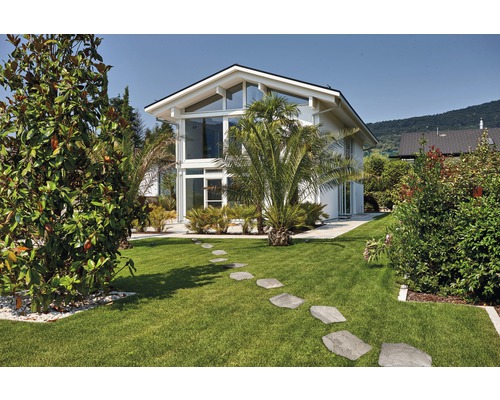 Modernes Wohnhaus mit Gartenanlage und Steinplattenweg