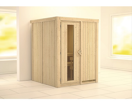 Elementsauna Karibu Norina ohne Ofen und Dachkranz mit Holztür und Isolierglas wärmegedämmt