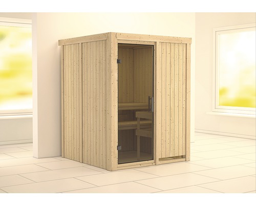 Sauna modulaire Karibu Norina sans poêle ni frise de toit, avec porte vitrée coloris graphite