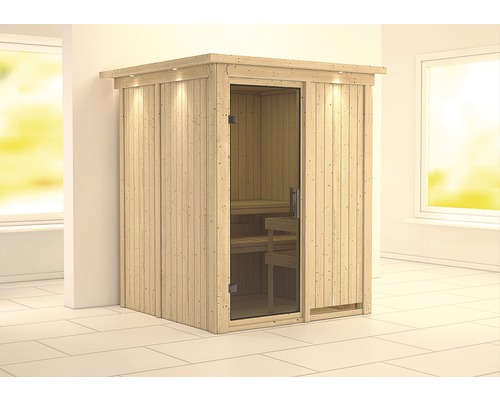 Sauna modulaire Karibu Norina sans poêle, avec frise de toit et porte vitrée coloris graphite