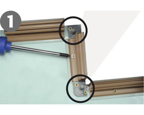 Abbildung einer Schraube, die in eine Aluminiumrahmenecke geschraubt wird, mit dem Hinweis Nummer 1