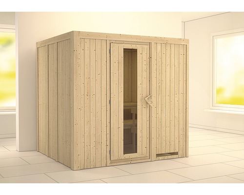 Elementsauna Karibu Sodina ohne Ofen und Dachkranz mit Holztür und Isolierglas wärmegedämmt