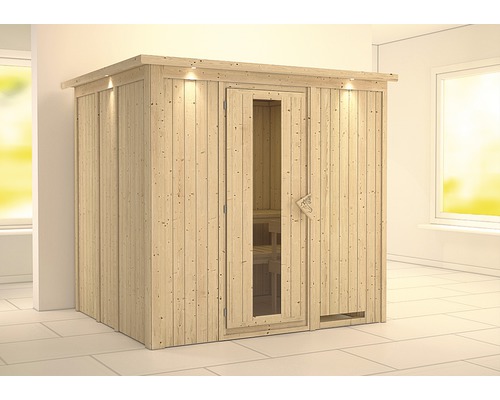 Sauna modulaire Karibu Sodina sans poêle avec couronne et porte en bois avec verre isolant thermiquement