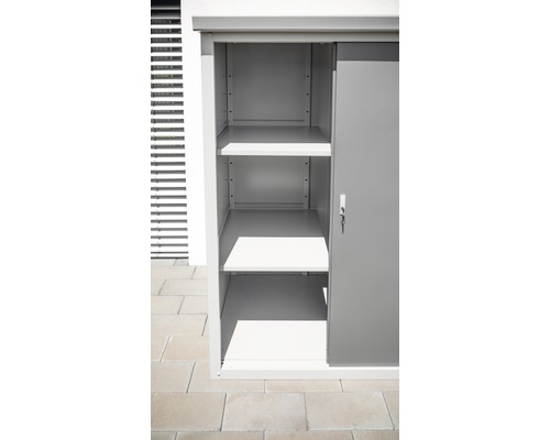 Armoire de jardin métallique avec porte coulissante et étagères