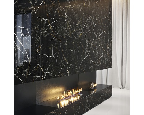 Salon avec mur en marbre noir et cheminée