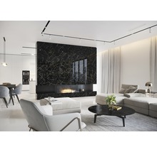 Salon moderne avec cheminée et mur en marbre