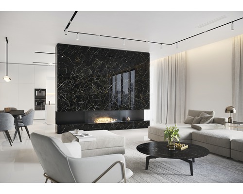 Modernes Wohnzimmer mit Kamin und Marmorwand