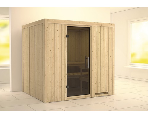 Sauna modulaire Karibu Sodina sans poêle ni frise de toit, avec porte vitrée coloris graphite