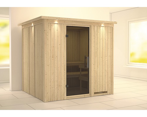 Sauna modulaire Karibu Sodina sans poêle, avec frise de toit et porte vitrée coloris graphite