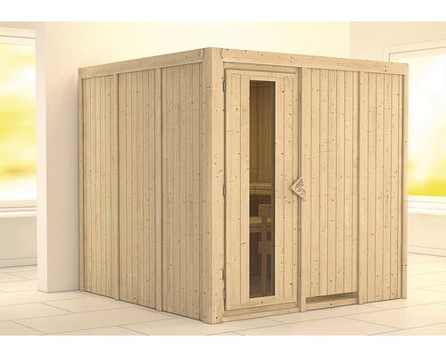Sauna modulaire Karibu Rondina sans poêle ni frise de toit, porte en bois avec verre isolé thermiquement