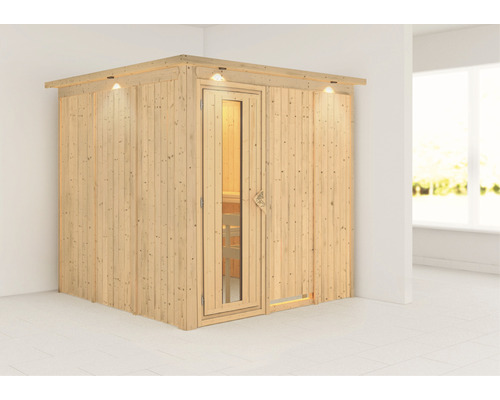 Sauna modulaire Karibu Rondina sans poêle, avec frise de toit et portes en bois avec verre isolé thermiquement